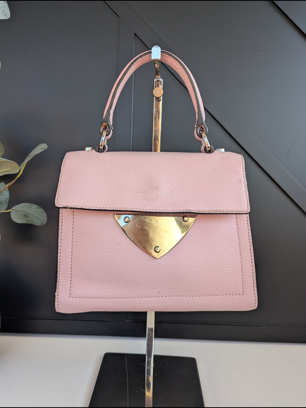 Coccinelle Pink Leather Top-Handle Satchel with Gold Shield Accent